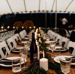 table setup white chair and wooden table - Peninsula Party Hire