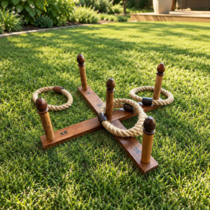 Wooden ladder-toss game set up on a sunny green lawn with rope rings awaiting play.