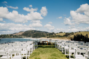 Wedding ceremony set up chairs signing table and view